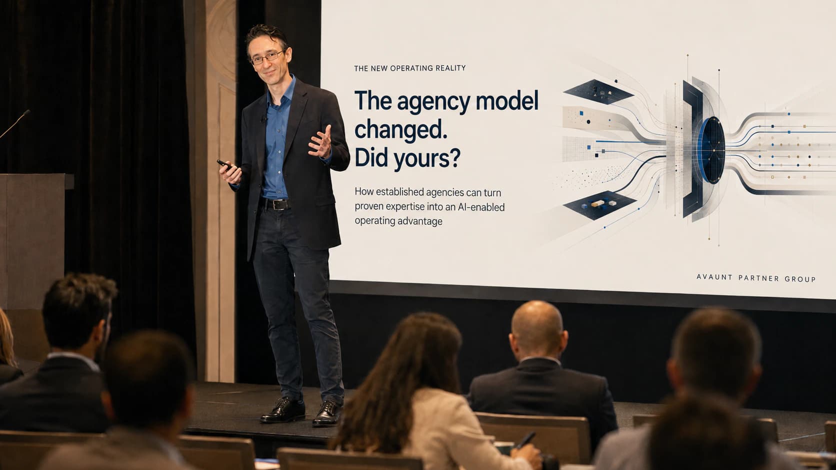Editorial visualization of Jeremy Richards presenting an AI-enabled agency operating model to a business audience.